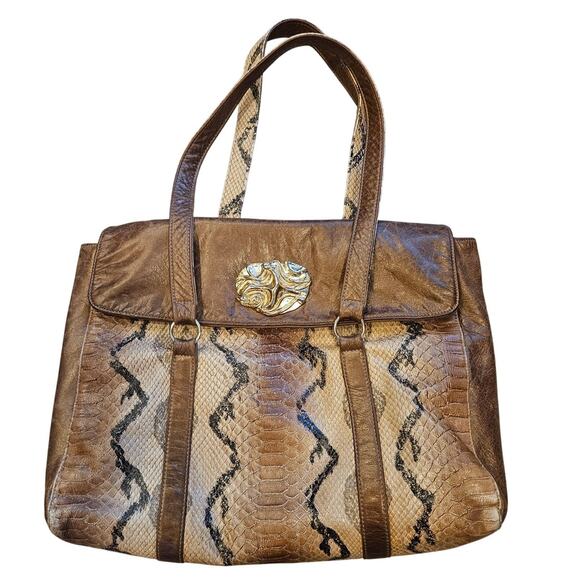 Vintage Viva Bags of California Snake Print Leather Large Double Handle Tote Bag - Picture 1 of 10
